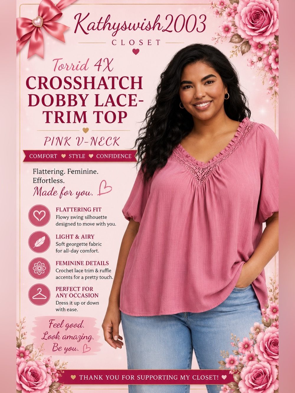 Torrid 4X Crosshatch Dobby Lace-Trim Top Pink V-Neck Women's Top